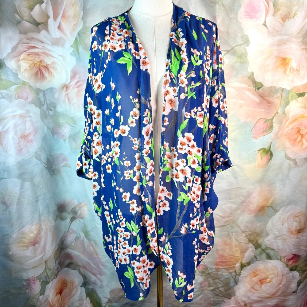 ASOS Blue Sheer Floral Flowy Kimono Cover Up Top
